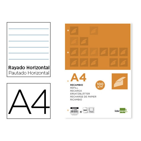 RECAMBIO LIDERPAPEL A4 100 HOJAS 100G/M2 HORIZONTAL CON DOBLE MARGEN 4 TALADROS