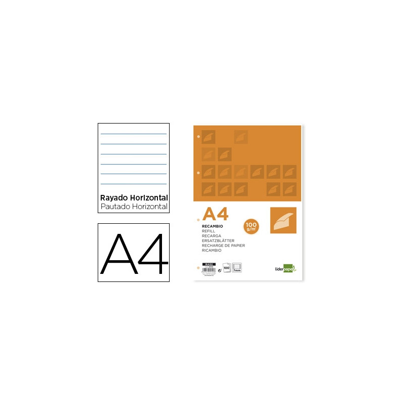 RECAMBIO LIDERPAPEL A4 100 HOJAS 100G/M2 HORIZONTAL CON DOBLE MARGEN 4 TALADROS