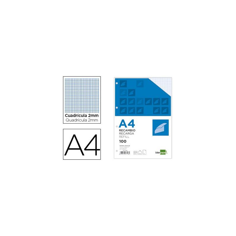 RECAMBIO LIDERPAPEL A4 100 HOJAS 100G/M2 CUADRO 2MM CON MARGEN 4 TALADROS