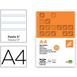 RECAMBIO LIDERPAPEL A4 100 HOJAS 100G/M2 PAUTA 5? 2.5MM CON MARGEN 4 TALADROS