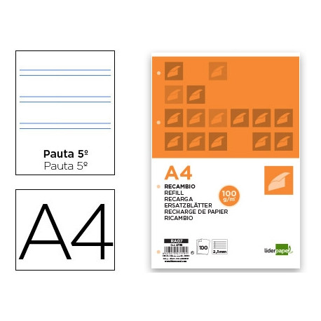 RECAMBIO LIDERPAPEL A4 100 HOJAS 100G/M2 PAUTA 5? 2.5MM CON MARGEN 4 TALADROS