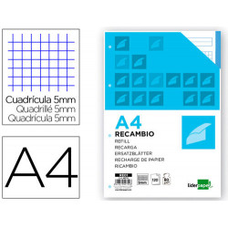 RECAMBIO LIDERPAPEL A4 120 HOJAS 80G/M2 CUADRO 5MM SIN MARGEN 4 TALADROS BANDAS DE 5 COLORES