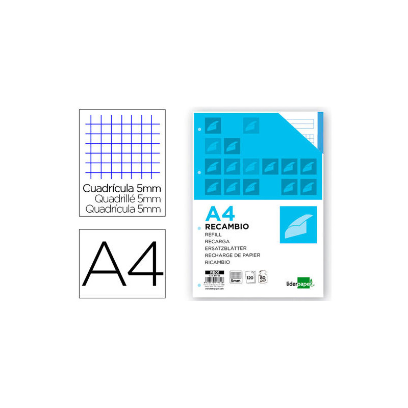 RECAMBIO LIDERPAPEL A4 120 HOJAS 80G/M2 CUADRO 5MM SIN MARGEN 4 TALADROS BANDAS DE 5 COLORES