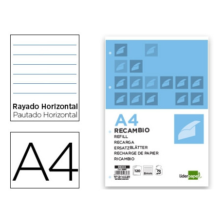 RECAMBIO LIDERPAPEL A4 120 HOJAS 70G/M2 HORIZONTAL SIN MARGEN 4 TALADROS BANDAS DE 5 COLORES