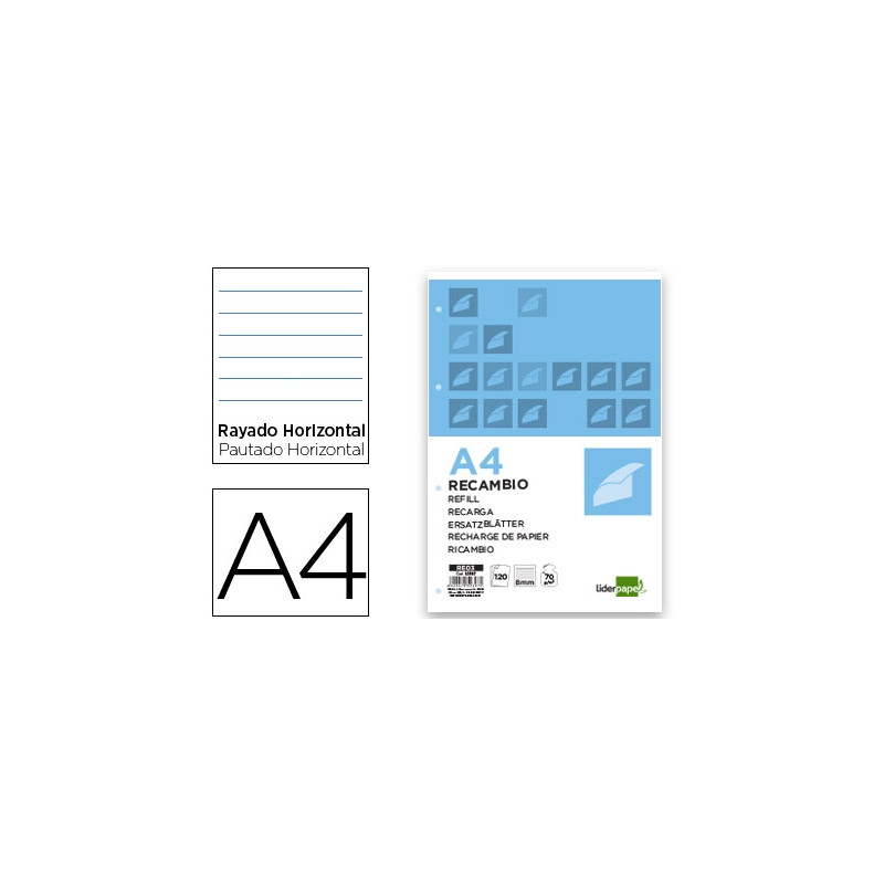 RECAMBIO LIDERPAPEL A4 120 HOJAS 70G/M2 HORIZONTAL SIN MARGEN 4 TALADROS BANDAS DE 5 COLORES