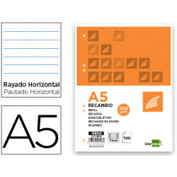 RECAMBIO LIDERPAPEL A5 100 H 100G/M2 HORIZONTAL DOBLE MARGEN 6 TALADROS