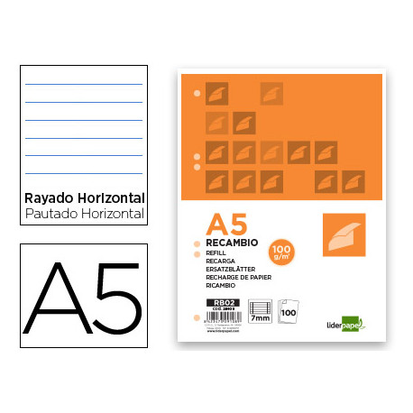 RECAMBIO LIDERPAPEL A5 100 H 100G/M2 HORIZONTAL DOBLE MARGEN 6 TALADROS