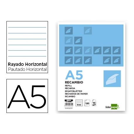 RECAMBIO LIDERPAPEL A5 120 HOJAS 80G/M2 HORIZONTAL SIN MARGEN 6 TALADROS BANDAS DE 5 COLORES