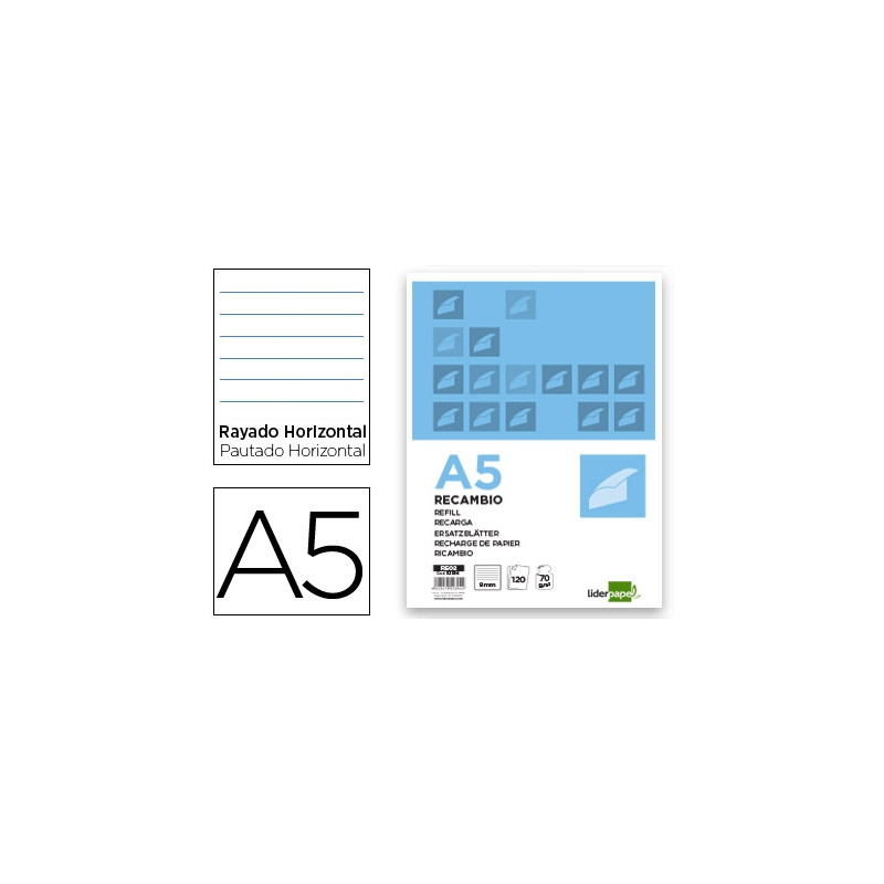 RECAMBIO LIDERPAPEL A5 120 HOJAS 80G/M2 HORIZONTAL SIN MARGEN 6 TALADROS BANDAS DE 5 COLORES