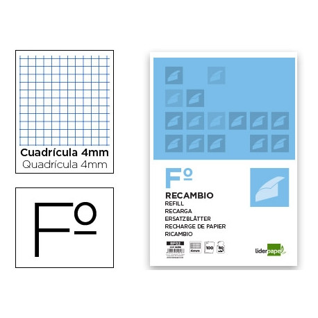 RECAMBIO LIDERPAPEL A4 100 HOJAS 60G/M2 CUADRO 4MM CON MARGEN SIN TALADROS