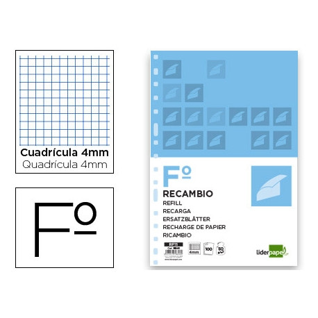 RECAMBIO LIDERPAPEL DIN A4 100 HOJAS 60G/M2 CUADRO 4 MM CON MARGEN 16 TALADROS