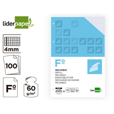 RECAMBIO LIDERPAPEL A4 100 HOJAS 60G/M2 CUADRO 4 MM CON MARGEN 4 TALADROS