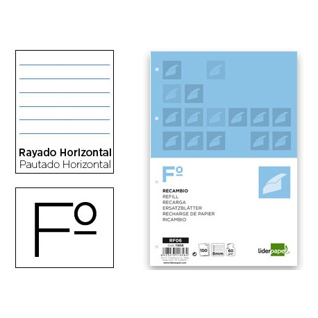 RECAMBIO LIDERPAPEL A4 100 HOJAS 60G/M2 HORIZONTAL CON MARGEN 4 TALADROS