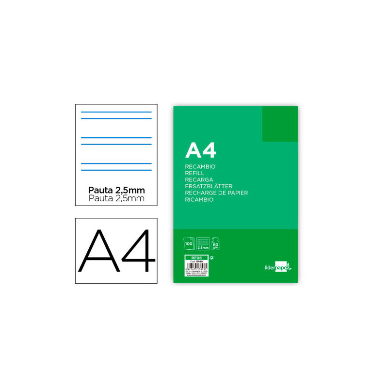 RECAMBIO LIDERPAPEL A4 100 HOJAS 60G/M2 PAUTA 5? 2.5MM CON MARGEN 4 TALADROS