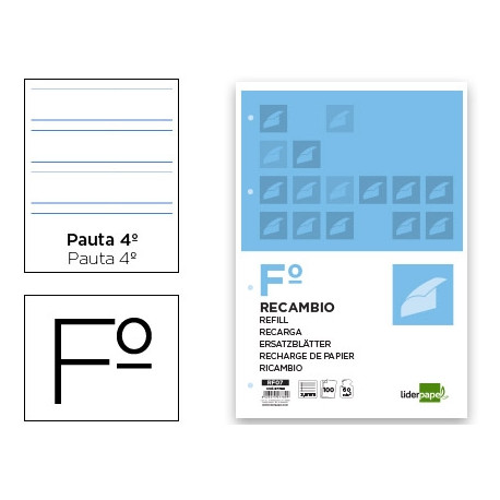 RECAMBIO LIDERPAPEL A4 100 HOJAS 60G/M2 PAUTA 4? 3.5MM CON MARGEN 4 TALADROS