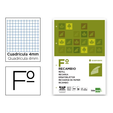 RECAMBIO LIDERPAPEL DIN A4 100 HOJAS 75G/M2 CUADRO 4MM CON MARGEN 4 TALADROS