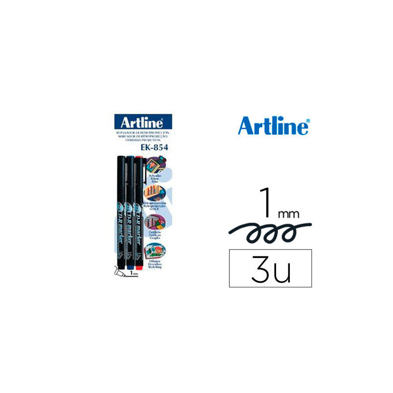 ROTULADOR ARTLINE RETROPROYECCION PUNTA FIBRA PERMANENTE EK-854 1 MM -BLISTER DE 3 (1-NE 1-AZ 1-RO)