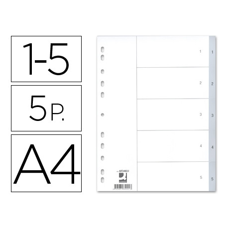 SEPARADOR NUMERICO Q-CONNECT PLASTICO 1-5 JUEGO DE 5 SEPARADORES DIN A4 MULTITALADRO