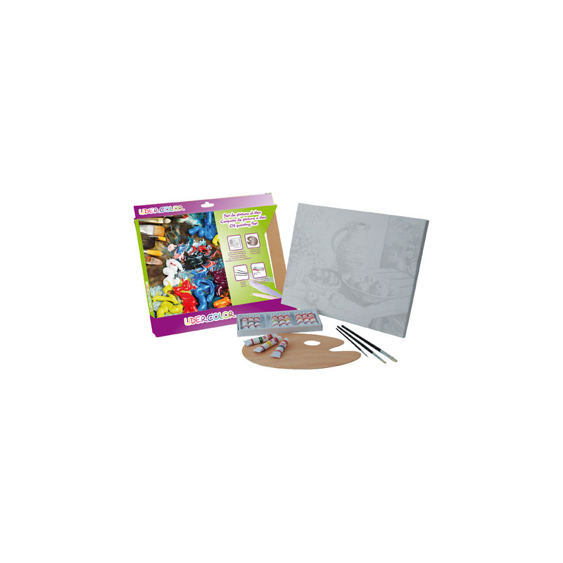 SET PINTURA AL OLEO LIDERCOLOR CONTIENE 1 LIENZO IMPRIMACION 30X40CM 1 PALETA MADERA 3 BROCHAS TUBOS