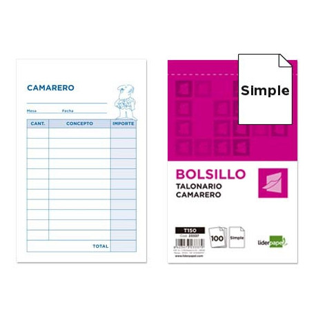 TALONARIO LIDERPAPEL CAMARERO BOLSILLO ORIGINAL T150