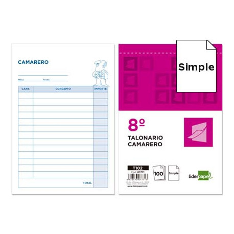 TALONARIO LIDERPAPEL CAMARERO OCTAVO -SIN IVA- 102