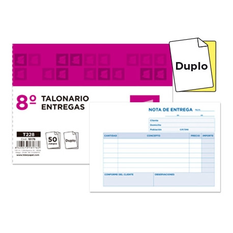 TALONARIO LIDERPAPEL ENTREGAS 8 ORIGINAL Y COPIA T228 APAISADO