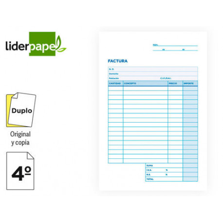 TALONARIO LIDERPAPEL FACTURAS CUARTO ORIGINAL Y COPIA T216 CON I.V.A.