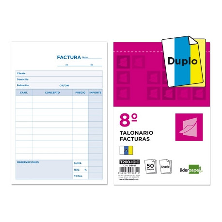 TALONARIO LIDERPAPEL FACTURAS 8 ORIGINAL Y COPIA T200 CON I.G.I.C