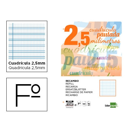 RECAMBIO LIDERPAPEL A4 PAUTAGUIA 100 HOJAS 75 G/M2 CUADRICULADO PAUTADO 2,5 MM CON MARGEN 4 TALADROS