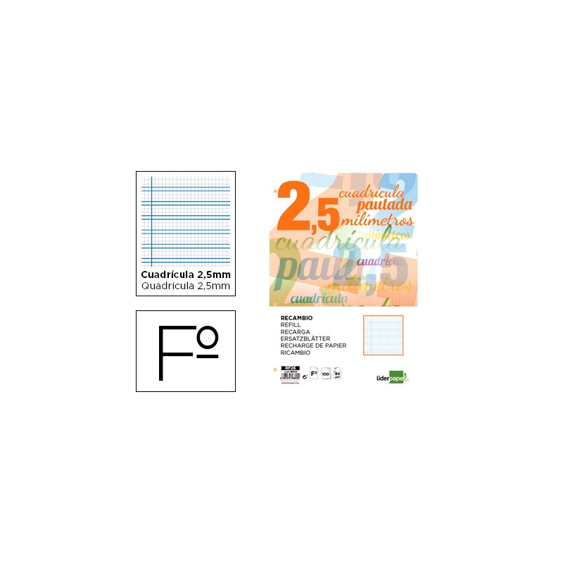 RECAMBIO LIDERPAPEL A4 PAUTAGUIA 100 HOJAS 75 G/M2 CUADRICULADO PAUTADO 2,5 MM CON MARGEN 4 TALADROS