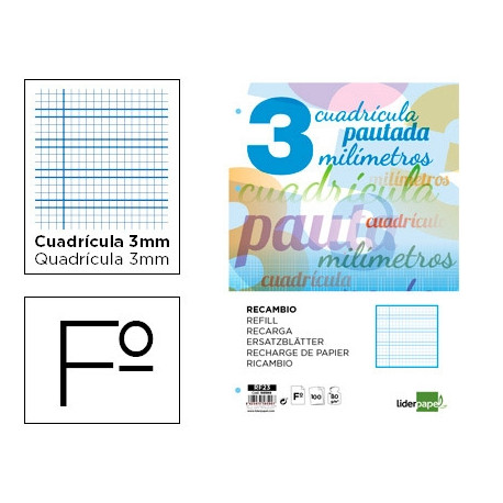 RECAMBIO LIDERPAPEL A4 PAUTAGUIA 100 HOJAS 75 G CUADRICULADO PAUTADO 3 MM CON MARGEN 4 TALADROS