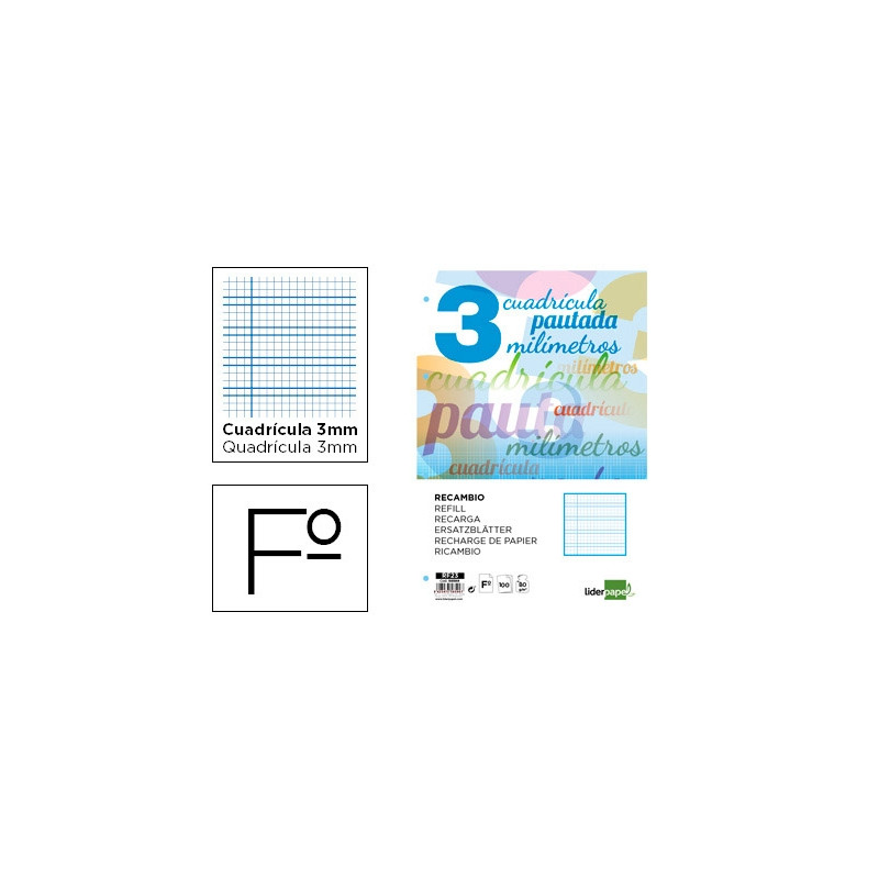 RECAMBIO LIDERPAPEL A4 PAUTAGUIA 100 HOJAS 75 G CUADRICULADO PAUTADO 3 MM CON MARGEN 4 TALADROS