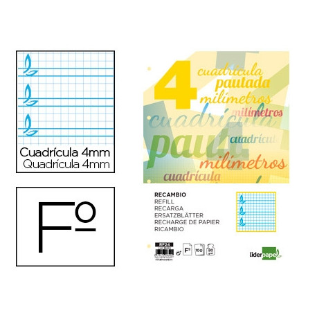 RECAMBIO LIDERPAPEL A4 PAUTAGUIA 100 HOJAS 75 G CUADRICULADO PAUTADO 4 MM CON MARGEN 4 TALADROS