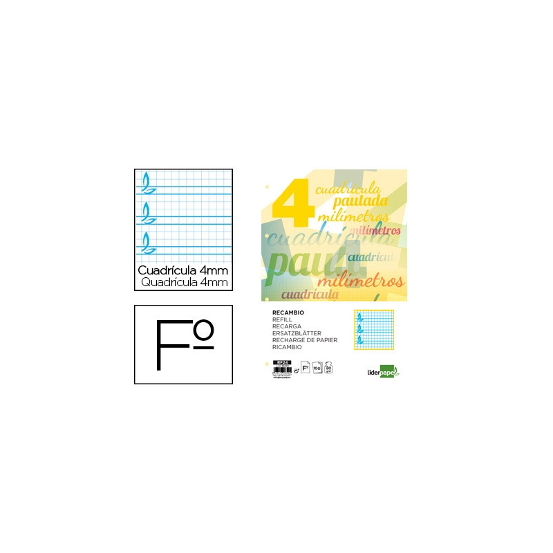 RECAMBIO LIDERPAPEL A4 PAUTAGUIA 100 HOJAS 75 G CUADRICULADO PAUTADO 4 MM CON MARGEN 4 TALADROS