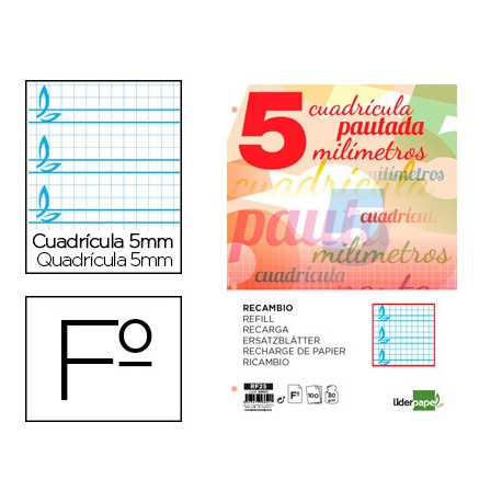 RECAMBIO LIDERPAPEL DIN A4 PAUTAGUIA 100 HOJAS 75 G CUADRICULADO PAUTADO 5 MM CON MARGEN 4 TALADROS