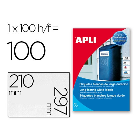 ETIQUETAS ADHESIVAS APLI 12121 TAMA?O 210X297 MM POLIESTER RESISTENTE A LA INTERPERIE IMPRESION LASE