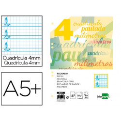 RECAMBIO LIDERPAPEL CUARTO PAUTAGUIA 100 HOJAS 75 G CUADRICULADO PAUTADO 4 MM CON MARGEN 6 TALADROS