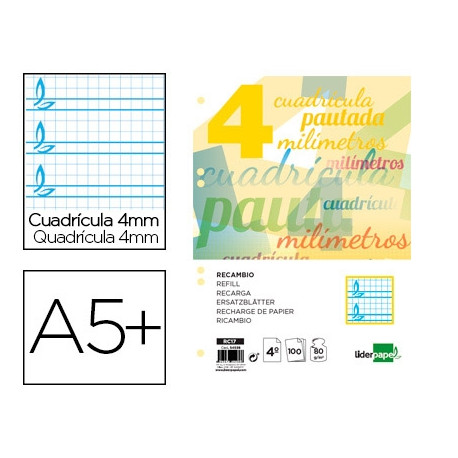 RECAMBIO LIDERPAPEL CUARTO PAUTAGUIA 100 HOJAS 75 G CUADRICULADO PAUTADO 4 MM CON MARGEN 6 TALADROS