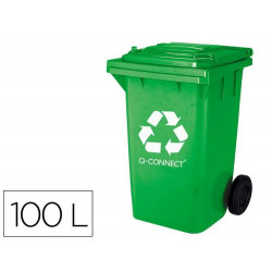 PAPELERA CONTENEDOR Q-CONNECT PLASTICO VERDE PARA ENVASES DE VIDRIO 100L CON TAPA Y RUEDAS 750X470X3