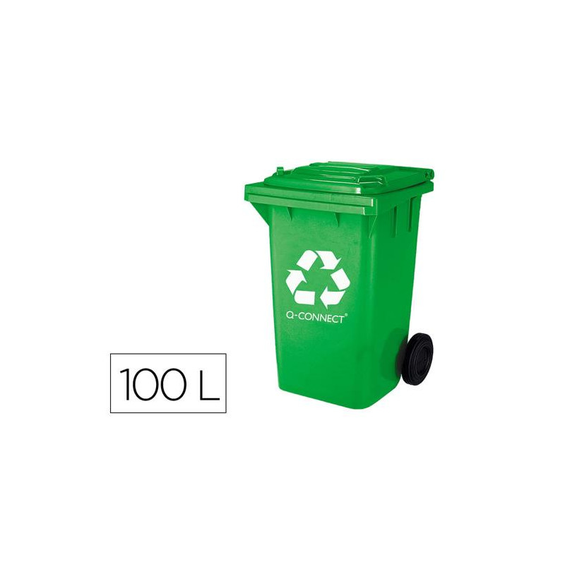 PAPELERA CONTENEDOR Q-CONNECT PLASTICO VERDE PARA ENVASES DE VIDRIO 100L CON TAPA Y RUEDAS 750X470X3