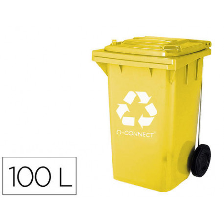 PAPELERA CONTENEDOR Q-CONNECT PLASTICO AMARILLO PARA PLASTICOS Y ENVASES METALICOS 100L CON TAPA Y R