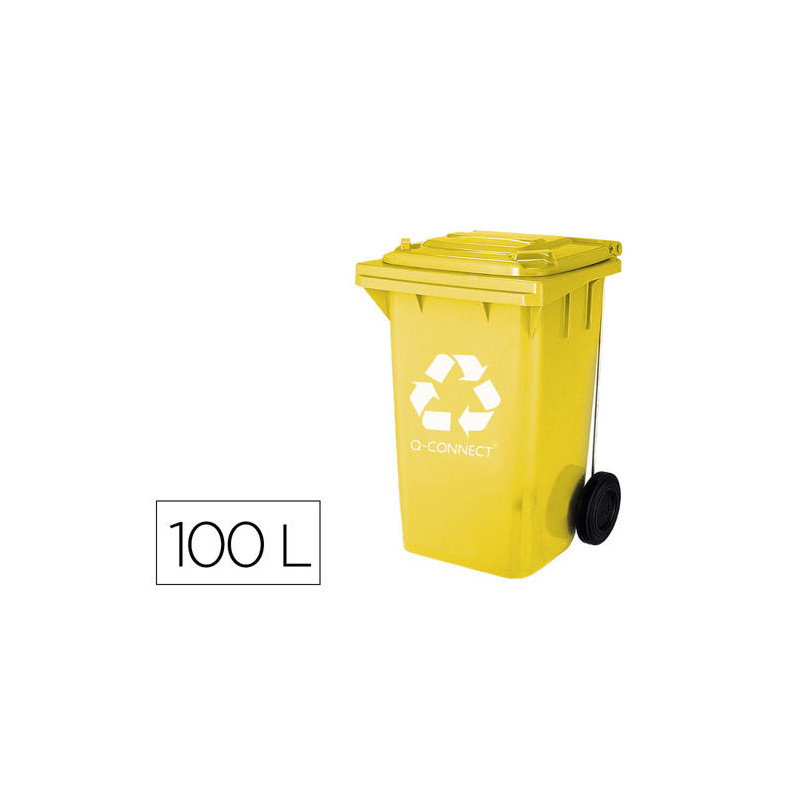 PAPELERA CONTENEDOR Q-CONNECT PLASTICO AMARILLO PARA PLASTICOS Y ENVASES METALICOS 100L CON TAPA Y R