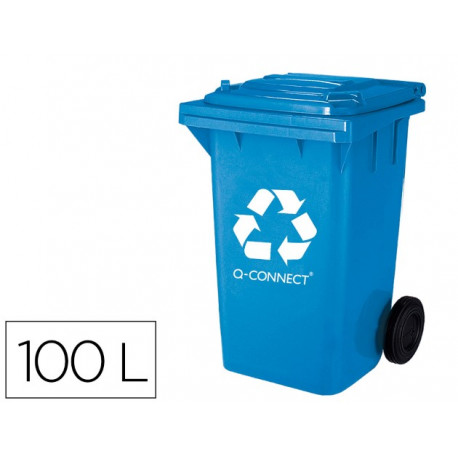 PAPELERA CONTENEDOR Q-CONNECT PLASTICO AZUL PARA PAPEL Y CARTON 100L CON TAPA Y RUEDAS 750X470X370 M