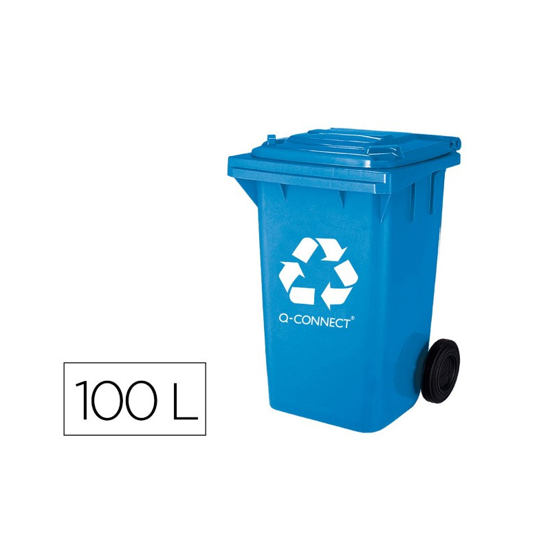 PAPELERA CONTENEDOR Q-CONNECT PLASTICO AZUL PARA PAPEL Y CARTON 100L CON TAPA Y RUEDAS 750X470X370 M