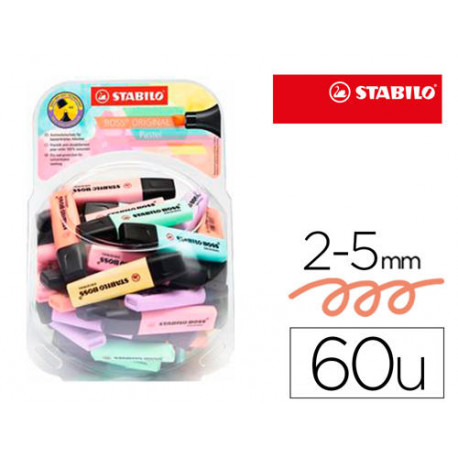 ROTULADOR STABILO BOSS FLUORESCENTE 70 PASTEL EXPOSITOR BOMBONERA DE 60 UNIDADES COLORES SURTIDOS