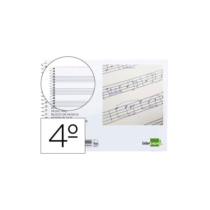 BLOC MUSICA LIDERPAPEL COMBI PENTAGRAMA CUADRICULADO 2,5MM CUARTO 20 HOJAS 100G/M2