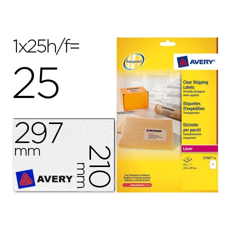 ETIQUETA ADHESIVAS RESISTENTE AVERY TRANSPARENTE 210X297 MM CAJA DE 25 UNIDADES