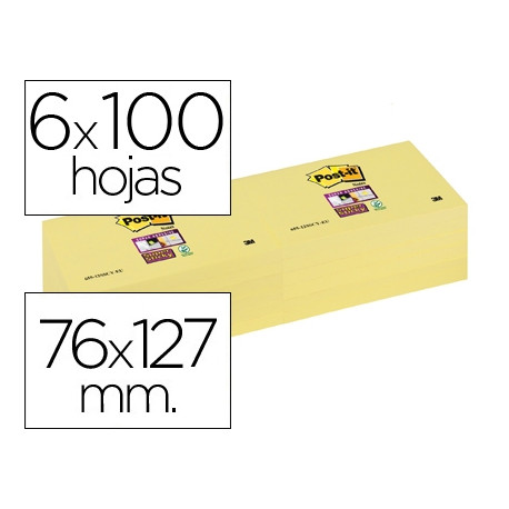 BLOC DE NOTAS ADHESIVAS QUITA Y PON POST-IT SUPER STICKY 76X127 MM CON 12 BLOC AMARILLO CANARIO