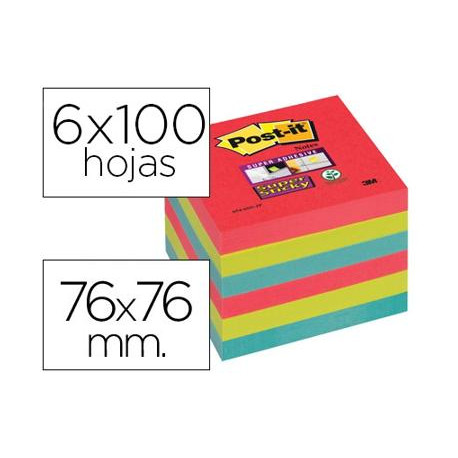 BLOC DE NOTAS ADHESIVAS QUITA Y PON POST-IT SUPER STICKY 76X76 MM CON 6 BLOC 2 ROJOS VERDE NEON AZUL