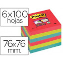 BLOC DE NOTAS ADHESIVAS QUITA Y PON POST-IT SUPER STICKY 76X76 MM CON 6 BLOC 2 ROJOS VERDE NEON AZUL